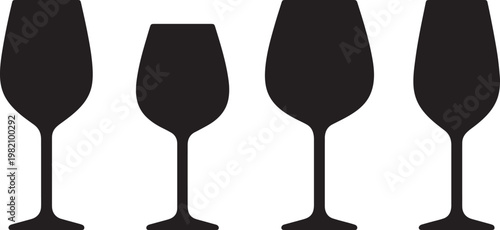 An isolated set of transparent crystal wine glasses and a single glass of red wine reflect a celebration at a bar with abstract vector illustrations of alcohol beverages and champagne