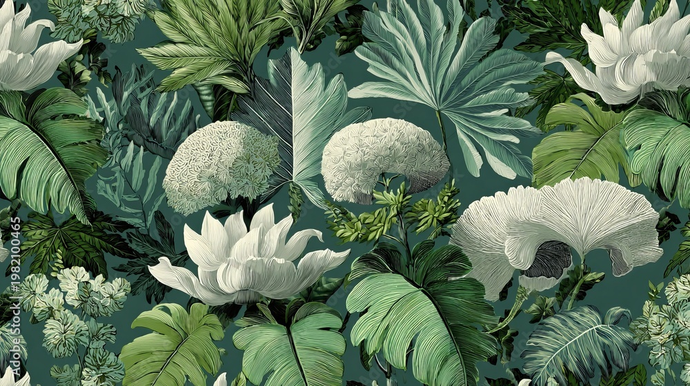 Fototapeta premium Tropical leaves and flowers create a repeating design.