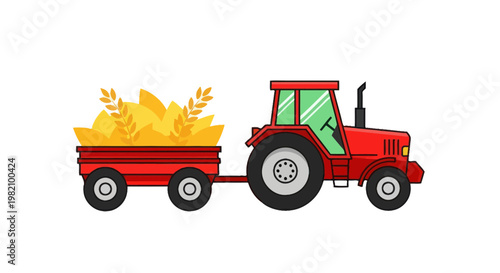 Red Tractor Pulling Trailer Full of Wheat and Corn Harvest on White Background