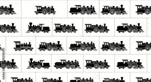 Seamless Pattern of Vintage Steam Locomotive Silhouettes on White Background