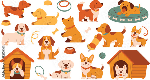 Cute cartoon dogs and pet accessories collection with houses bowls toys playful flat illustration isolated on white background