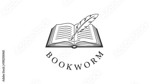 Bookworm logo vector graphic with open book and feather quill illustration