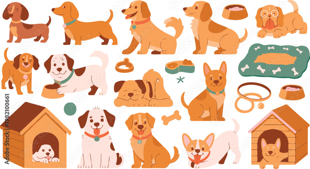 Fototapeta premium Cute cartoon dogs and pet accessories collection with houses bowls toys playful flat illustration isolated on white background