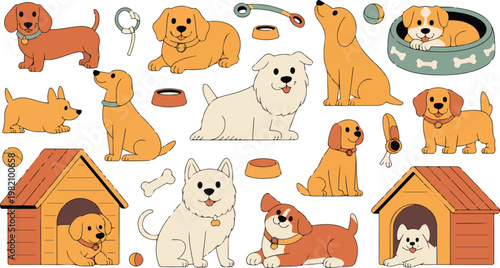 Cute cartoon dogs and pet accessories collection with houses bowls toys playful flat illustration isolated on white background
