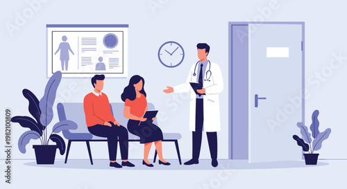 Professional doctor in a white coat consulting with a young couple in a medical office setting to discuss healthcare plans and treatments.