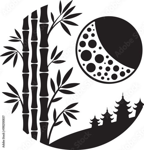 Bamboo silhouette with moon and pagodas in circle on striped background