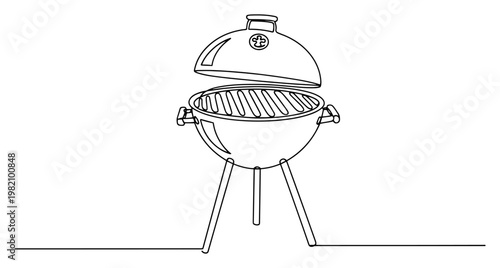 Kettle barbecue grill for backyard cooking and picnic in continuous line art style