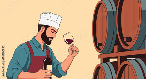 Experienced winemaker or sommelier in a chef hat tasting red wine from a glass in a traditional cellar surrounded by large wooden barrels.