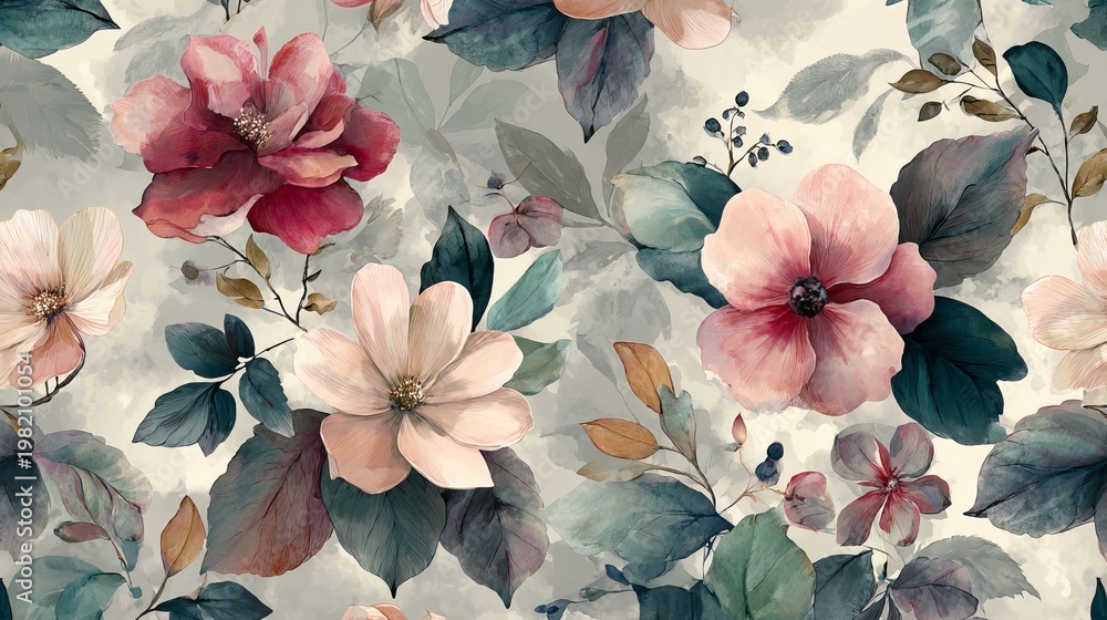 Obraz premium Watercolor flowers and leaves create a repeating design on a soft background.