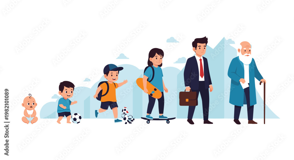 Fototapeta premium Human life cycle illustration showing the stages of aging from an infant to a toddler, school child, teenager, adult man, and senior.
