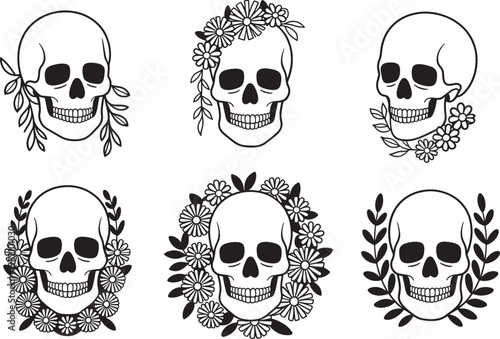 Human skull collection with floral elements and botanical wreaths for tattoo design and gothic art