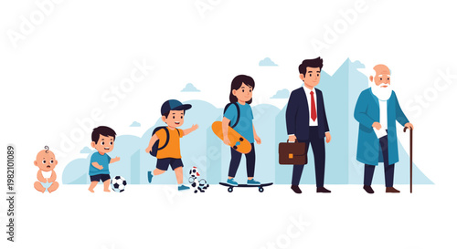 Human life cycle illustration showing the stages of aging from an infant to a toddler, school child, teenager, adult man, and senior.
