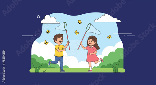 Two happy children playing together in a grassy field on a sunny day while using nets to catch colorful butterflies flying in the air.