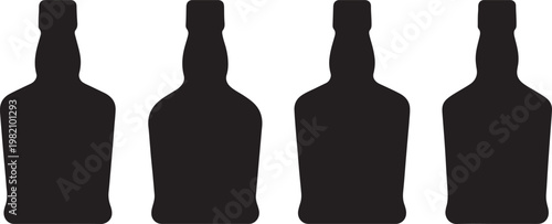 A silhouette of a black beer bottle and a transparent green wine bottle with red liquid are isolated on a white background as clear glass beverage objects for a winery or bar