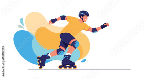 Active person wearing a helmet and protective pads rollerblading fast against a vibrant abstract background with blue and yellow shapes.