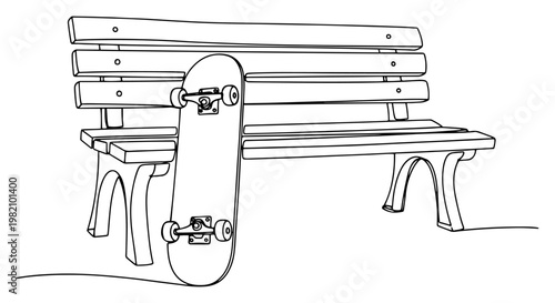Skateboard leaning against wooden park bench in minimalist continuous line art style