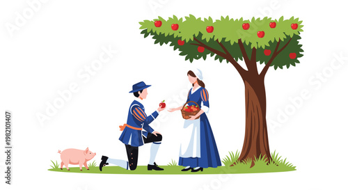Classic fairy tale scene showing a man in historical costume kneeling to offer a red apple to a woman under a tree with a small pig nearby.