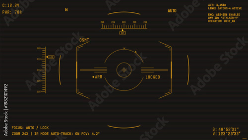 War drone camera viewfinder overlay. Template for military drone retro style colors cam rec. Camera frame vector template. Amber lines Ui on black background. Combat drone UI for games video, photo.