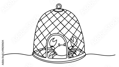 Crab caught inside underwater fishing trap in minimalist continuous line art style