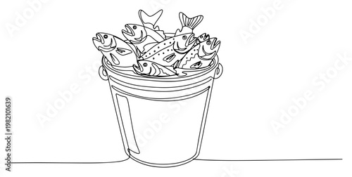 Bucket full of fresh fish catch in minimalist continuous line art style