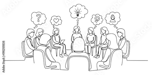 Group of people sitting in circle with thought bubbles for therapy or workshop in continuous line art style