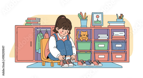 Little girl sitting on a small wooden chair and concentrating while tying the laces of her pink sneakers in a colorful and tidy bedroom.