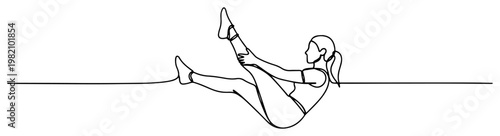 Woman performing pilates fitness exercise with raised legs in continuous line art style