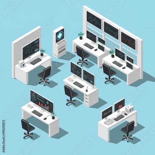 Modern control room with multiple computer workstations and monitors displaying data and graphs.