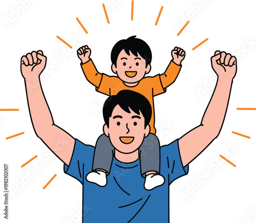 A cartoon illustration of a man with a boy on his shoulders