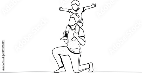 A continuous line drawing of a man with a child on his shoulders in a playful pose