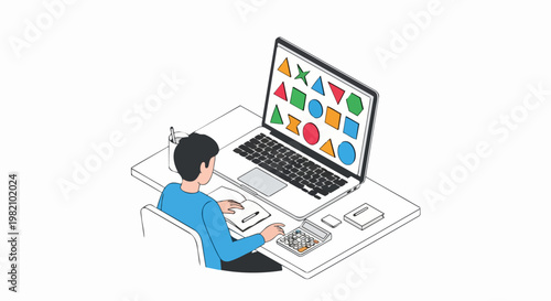 Student Studying Geometry Online via Laptop Isometric Illustration