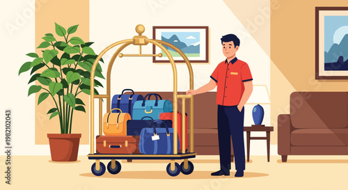 Professional hotel bellhop in a red uniform standing next to a brass luggage trolley loaded with various suitcases in a lobby entrance.