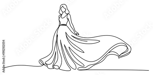 Woman wearing long flowing dress with elegant drapes in continuous line art style