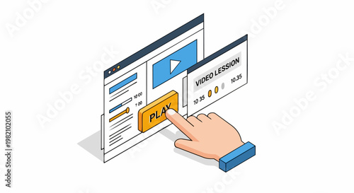 Isometric Hand Clicking Play Button on Video Lesson Interface for Online Education
