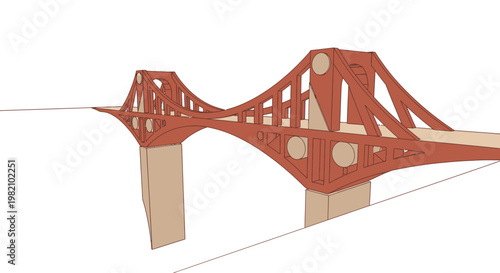 Modern suspension bridge design with geometric patterns and concrete pillars, isolated on white background.