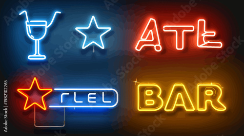 Four glowing neon signs show a cocktail glass, stars, 'ATL', and the word "BAR" on dark background