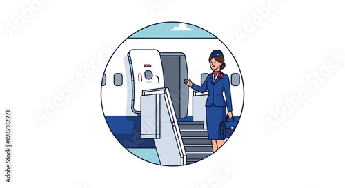 Friendly flight attendant in a blue uniform standing at the open door of a passenger airplane to welcome travelers on board their flight.