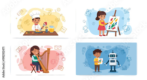 Collage of children learning different skills including cooking as a chef, painting on a canvas, playing the harp, and building a robot.