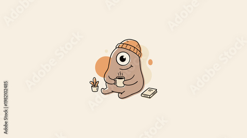 Charming Cartoon Monster Enjoying a Warm Beverage and Book