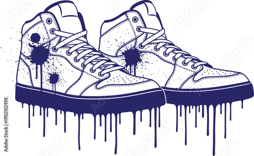 Graffiti Stencil Sneakers Vector, Urban Street Art High-top Shoes with Ink Drips and Spray Paint Splatter Effects