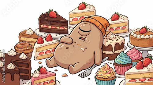A Cartoon Character Napping on a Delicious Strawberry Cake Surrounded by a Variety of Sweet Desserts