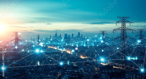 A futuristic cityscape at dusk with power lines and a network of glowing blue connections