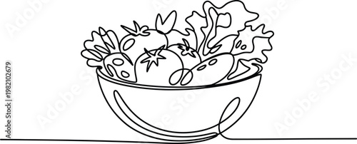Continuous single line drawing of fresh vegetable salad in bowl representing keto healthy food concept