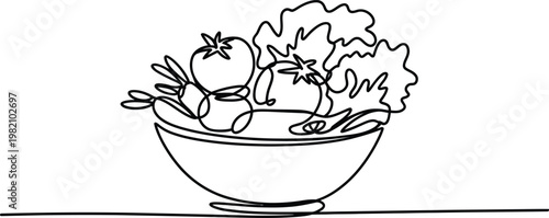 Continuous single line drawing of fresh vegetable salad in bowl representing keto healthy food concept