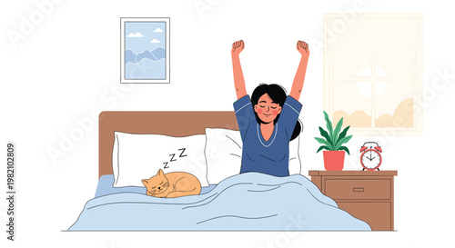 Young woman waking up in the morning and stretching her arms in bed while her orange tabby cat sleeps peacefully beside her on the pillow.
