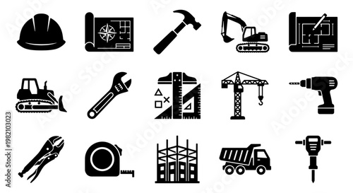 Construction icon set with 15 black vector elements, industrial building tools and heavy machinery icons, architecture and engineering equipment symbols