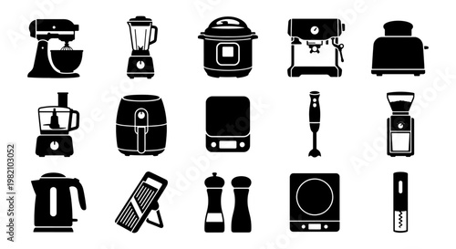Kitchen appliance icon set, 15 black silhouette vector elements for cooking and food preparation, modern household electronic equipment collection