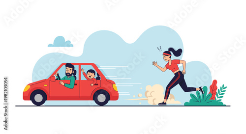 Worried woman running fast to chase after a red car that is driving away with a crying child waving from the back window on a sunny day.