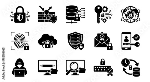 Cyber security icon set, 15 black vector icons for data protection, network safety symbols, digital privacy and information security elements