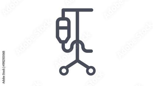 Minimalist black vector icon illustration of a medical IV drip stand with infusion bag and tubing on wheels, representing hospital healthcare, intravenous therapy, and patient care.